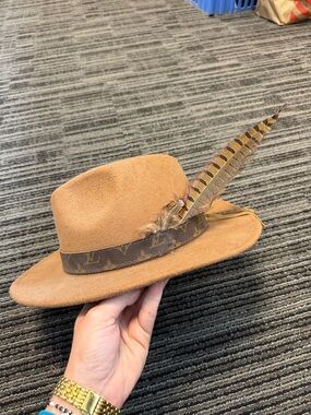 Tan Felt Fedora with Feather and Designer Monogram Band